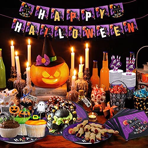 Halloween Party Доставки Служи 24 Хелоуин Прибори за Еднократна употреба Включва Хелоуин Чинии и Салфетки, чаши, Сламки, Кутията на Масата, Банер, САМО Етикети Хелоуин Укра?