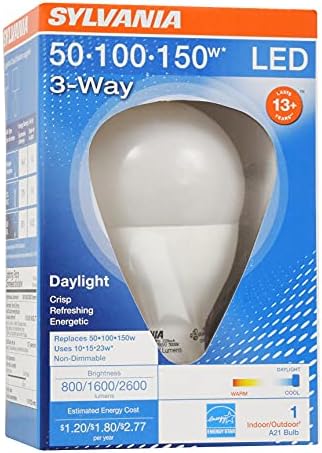 Led лампа SYLVANIA A21, 3 Way, 50W/ 100W/ 150W, на 13 години, Без прекъсване, До 2600 лумена, 5000K, Дневна светлина - 1 опаковка (79770)