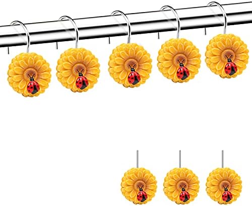 COTOPHER Sunflower Shower Curtain Hooks ,Home Fashion Decorative Shower Bathroom Curtain Rings for Bathroom, Baby Room, Bedroom, Living Room Decor,Set of 12 Curtain Hooks (Sunflower)
