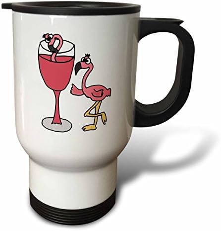 3dRose Смешни Flamingo Pink Next to Red Wine Glass Travel Mug, 14 грама, Бял