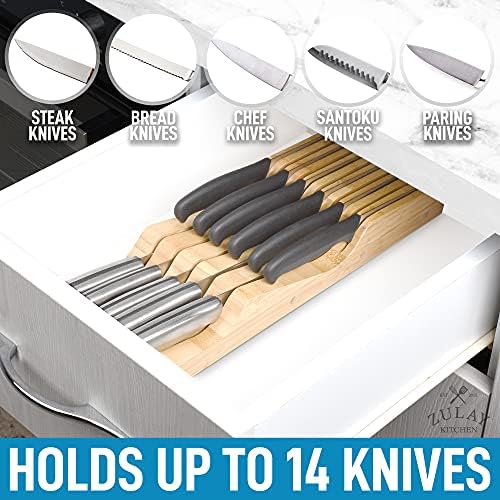 Zulay Кухня Bamboo Knife Drawer Organizer Insert - Edge-Protecting Knife Organizer Block побира до 14 ножове - Гладка