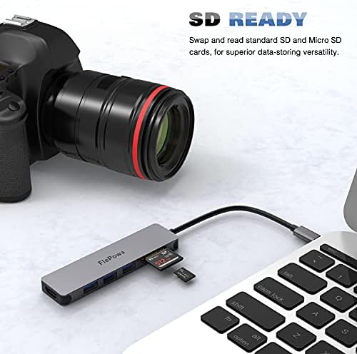 USB C Хъб Multiport Adapter - 6 in 1 Portable Dongle with 4K, HDMI, 3 USB 3.0 Ports, SD/Micro SD Card Reader Съвместим