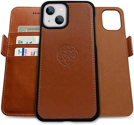 Dreem Fibonacci 2-in-1 Wallet - Case for Apple iPhone 13-Луксозна Веганская кожа, Магнитна Подвижна устойчив на удари калъф за телефон, защита на RFID - карти, 2-лентов Флип-поставка - Карамел