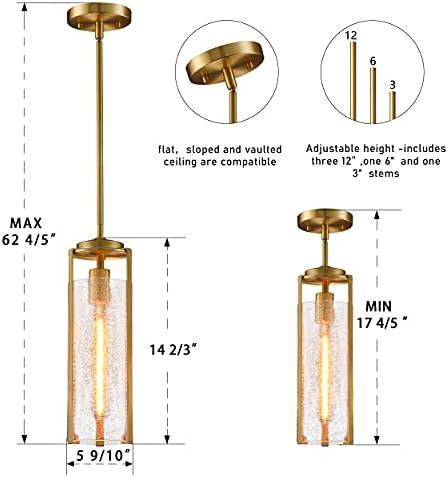 Untrammelife Gold Pendant Light, Crackle Finish Glass Shade Hanging Light Fixture Modern 1-Light Ceiling Hanging Light