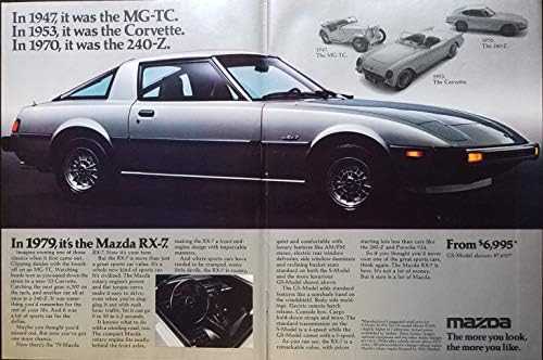 Обява във вестник: 1979 Mazda RX-7,ПРЕЗ 1947 г. това е MG-TC. 1953 е бил Corvette. 1979 е Mazda RX7.