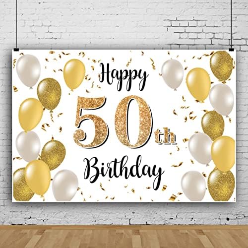 Baocicco 10x6.5ft Happy 50th Birthday Background for Photography Glitter Golden White Балон Ribbon Man Woman 50 Years