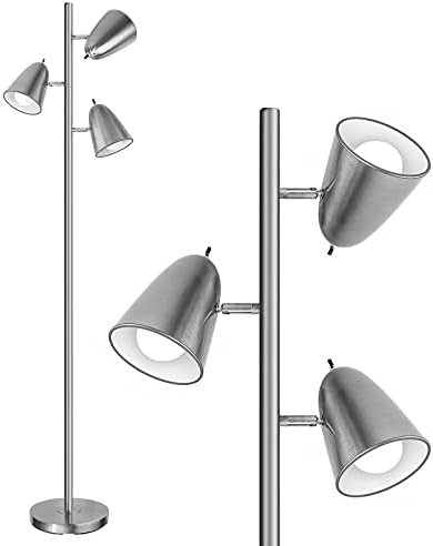 Qimh Tree Floor Lamp with 3 Light Bulbs, Standing Tall Pole Lamps for Living Room, Bedroom Office, Reading Stand up Lamps with 3 Adjustable Arms,Brushed Nickel