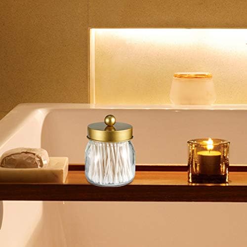 SheeChung Mason Jar Bathroom Apothecary Бурканчета - Qtip Holder Canister Gold Аксесоари за баня Vanity Storage Organizer Стъкло за Qtips,Памучни Тампони,Топка,флоссеры,Аксесоари за коса/Злато (1 опаковка)