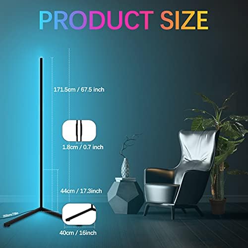 GORIFEI Corner Floor Lamp -68 RGB Color Changing Mood Lighting, Adjustable Height/Dimmable LED Modern Floor Lamp with Remote, Metal Standing Lamp for Living Room, Bedroom 20W