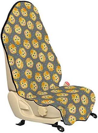 Lunarable Cat Car Seat Hoodie, Kitten Лица Heads Smiling and Stars Pets Meow Котешки Baby Paws Illustration, Car Seat Cover Protector Non Slip Backing Universal Fit 30 X 57, Горчично-Сиво Зелено