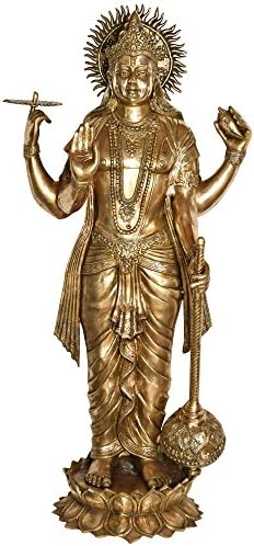 Екзотична Индия Голям Размер Стои Чатурбхуджа Вишну - Латунная Статуя - Цвят Натурален Цвят Месинг