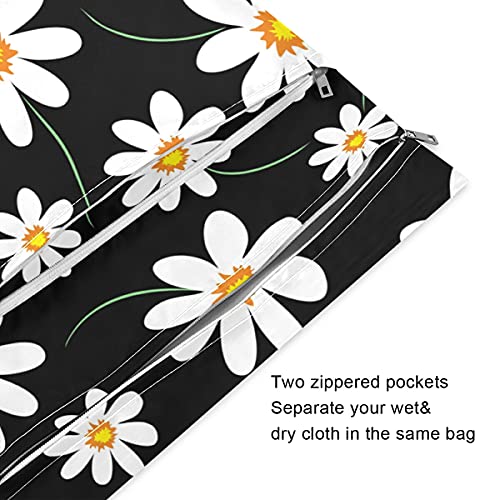 xigua 2PCS Daisy Black Floral Wet Dry Bag for Cloth Diaper Waterproof Swimsuits Bag with Handle Wristlet for Travel Beach Pouch