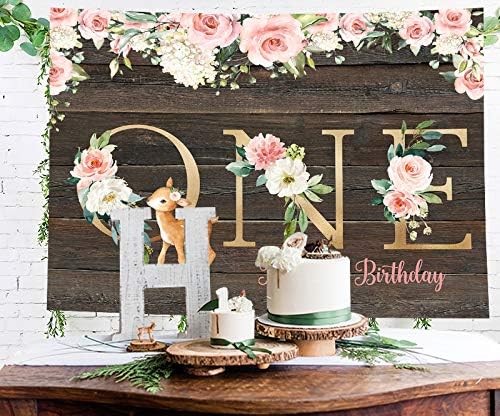 Sweet Deer Theme Background Момиче 1st Birthday One Deer-телно Background Woodland First Birthday Party Poster Floral Photo Banner Rustic Wood Plank Floor Background Десерт Table Decorations Background 7x5ft