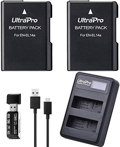 2-Pack EN-EL14 / EN-EL14A / EN-EL14A+ Батерия с голям капацитет, с бърз Двоен LCD зарядно устройство за някои цифрови камери на Nikon. UltraPro Пакет Включва: USB SD/SDHC Card Reader