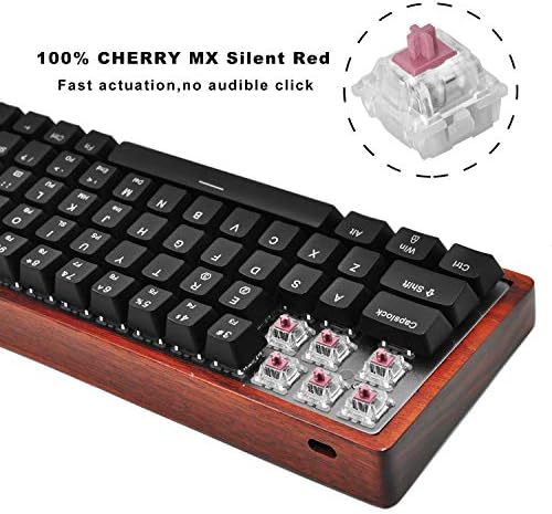 60% Сверхкомпактная ръчна детска клавиатура - MAIDERN Keys PBT Laser Etched Keycaps - PC/Mac/Linux - Програмируемо топла връзка (Cherry Mx Silent Red,дървена дограма)