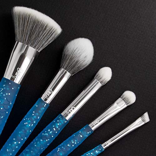MODA Full Size Mythical Blue Fire 6pc Makeup Brush Set with Pouch, Admin - Flat Kabuki, Accentuate, Small Eye Shader,