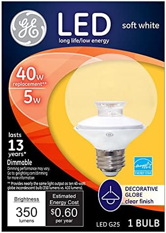 GE Lighting Dimmable LED 5-watt (40-ваттная замяна), 350-люменная крушка G25 със средна основа мека белота, 4 крушки