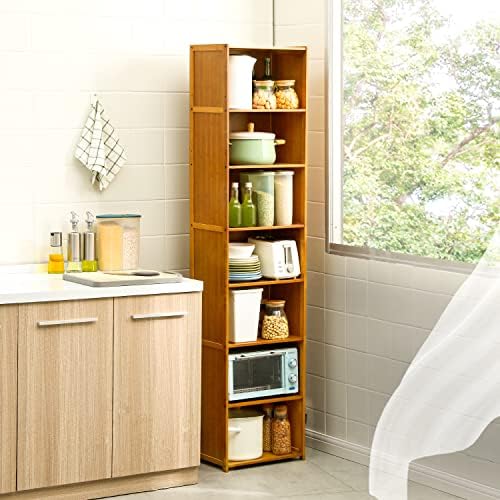 MoNiBloom Tall 7 Подреждане Bookcase, Бамбук Tall Freestanding Display Storage Shelves Decor Collection Furniture for Home Living Room, Kitchen, Brown
