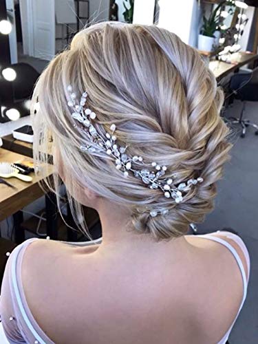 Catery Bride Wedding Headband Silver Pearl Hair Vine Bead Bridal Hair Accessories for Women(Silver)