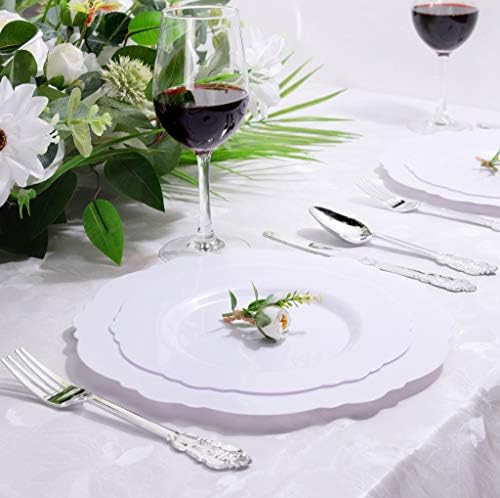 WDF 60pcs White Plastic Plates -7.5 inch Baroque White Disposable Десерт/Salad Plates for Upscale Parties &Wedding