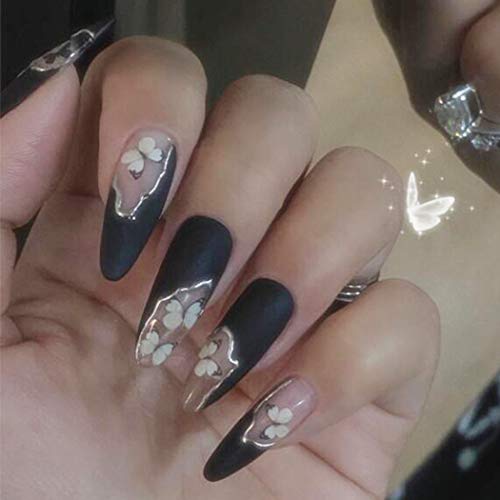 Bodiy Oval Press on Nails Black Butterfly Matte Long Лъжливи Нокти Almond French Full Cover Arcyllic False Нокти for Women and Gilrs (Peices of 24)
