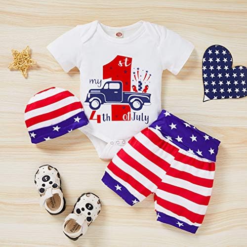 My First 4th of July Baby Boy Girls Outfits Short Sleeves Гащеризон+Шарени Shorts+Шапка 3Pcs Set