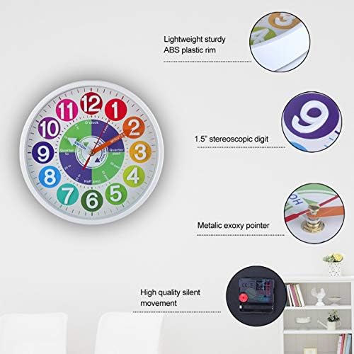 CIGERA 12-инчови Развиване на Стенен Часовник за деца, с Тихо Движение и 3D Цифри,Отлични Уроци от Часовници за Деца,Добър
