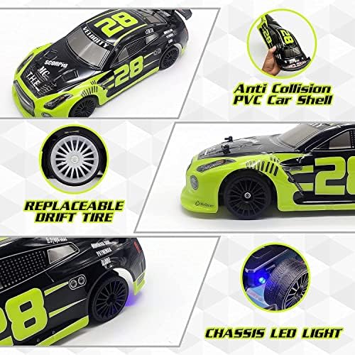 VOLANTEXRC Remote Control Car 1:14 Scale Drift RC Cars Toys for Kids, 2.4 Ghz 4WD High Speed Model Vehile with Led Light, All Batteries and Two Types Колела, Коледа Gifts for Boys Girls (78504-2 Green)