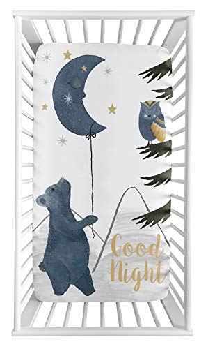 Sweet Jojo Designs Woodland and Bear Owl Boy or Girl Fitted Crib Sheet Baby or Toddler Bed Nursery Photo Op - Тъмно-синьо,