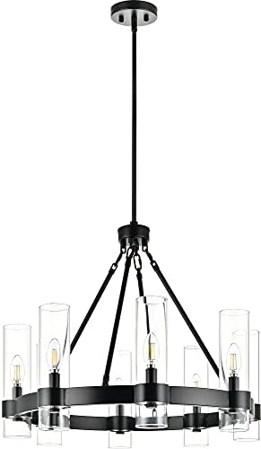 Linea di Liara Teramo Black Metal Wagon Wheel Chandelier - Large Round Dining Room Light - Modern Farmhouse Rustic Light