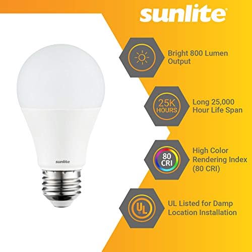 SUNLITE 88379-СУ LED A19 Стандартна крушка с 9 Вата мощност (еквивалентни на 60 W), на 800 лумена, Средна база (E26), затемняемая, UL Listed, Energy Star, 27K - Топъл бял, 1 опаковка