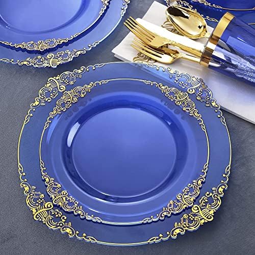 UXZDX CUJUX 70 бр. Съдове за готвене Прозрачна синя Пластмасова чиния е Златна Пластмасови Прибори Чаша Салфетка набор от Бижута за рождения Ден (цвят : A)