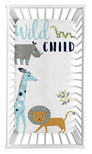 Sweet Jojo Designs Safari Animals Boy Fitted Crib Sheet Baby or Toddler Bed Nursery Photo Op - Тюркоазено и Тъмно синьо