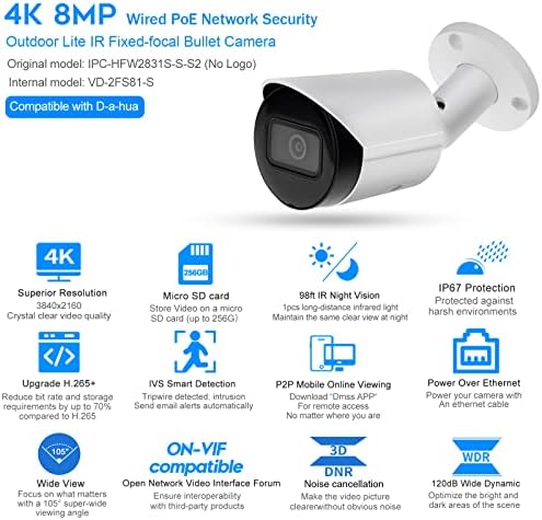 8MP UltraHD PoE IP Bullet Камера,Starlight Low Illuminance,Outdoor 4K Security Camera with 98ft IR Night Vision,SD Card Slot(до 256G),Waterproof IP67,H. 265+,WDR,3DNR,Motion Detection