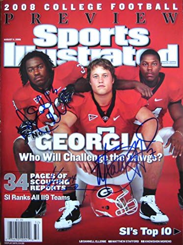 Georgia Bulldogs KNOWSHON MORENO, МАТЕЙ STAFFORD & DANNEL ELLERBE autographed Sports Illustrated magazine 8/11/08
