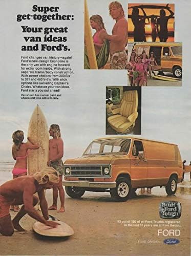 Реклама в списанието: ван на Ford Econoline 1976 година на издаване, Изработени по поръчка боя, Плажна сцена за сърфиране