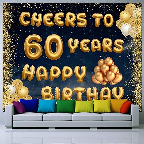 60th Birthday Banner,Happy 60th Birthday Decorations, 60th Birthday Yard Signs,60th Birthday Gifts for Women Idea,60th Birthday Background,Black Rose Gold Balloons Photo Background Tapestry 72 x 55 Inch
