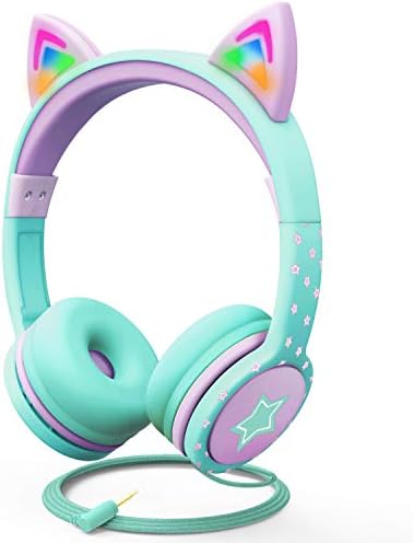 FosPower Kids Headphones with LED Light Up Cat Ears 3.5 mm On Ear Audio Headphones for Kids with Завързана Tangle Free Кабел (Max 85dB) - Синьо - /Светло Лилаво