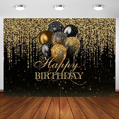 Aperturee 6x4ft Happy Birthday Background Glitter Black and Gold Bokeh Balloons Golden Sparkle Пайета Spots Photography Background Adult Women Момиче Banner Party Decoration Photo Booth Studio Cake Table
