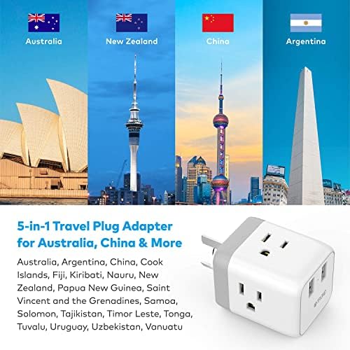 Австралия, Нова Зеландия, Китай захранващ Адаптер, TROND 5-in-1 Travel Plug Adapter with 2 USB Ports, 3 American Outlets,
