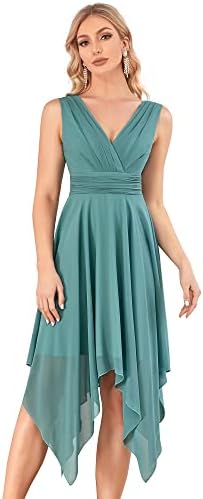 Някога-Pretty Women, Double V Neck Ruched Waist A Line Cocktail Party Dress 3142