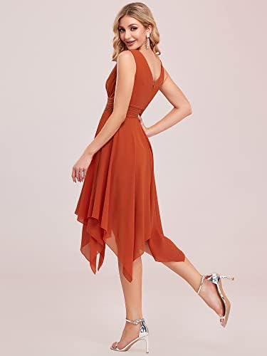 Някога-Pretty Women, Double V Neck Ruched Waist A Line Cocktail Party Dress 3142