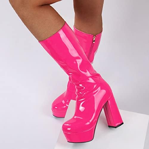 Дамски Обувки Светкавица Лъскава Секси Дебел Ток Супер Висок Ток Средната Тръба Кръгла Чорап Плътен Цвят Ботуши