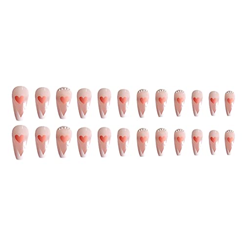 Press On Nails, French Сърце Pattern, 3D Фалшиви Нокти С Дизайн на Въздушната Нокти С Лепило За Жени 24шт 2 мл (розов)