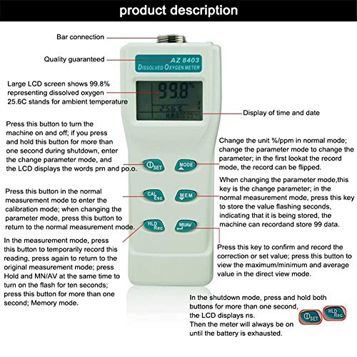 Laecabv 8403 Разтворен кислород DO Метър Тестер, Ръчен цифров LCD дисплей Измерване на налягането на Монитор 99 Памет (бял - AZ8403)