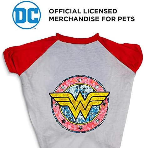 DC Comics for Pets Wonder Woman Тениска за кучета, сиво| Wonder Woman Logo Dog Tee | Сива и червена дрехи за кучета от всички размери, подробности виж Таблица с размери