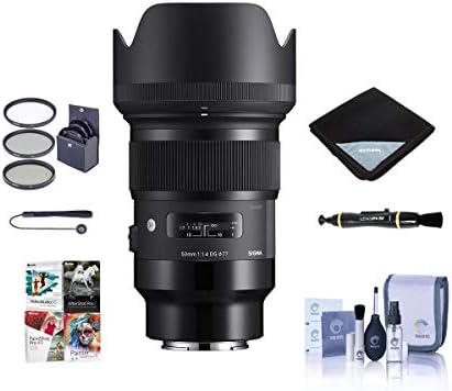 Обектив Sigma 50mm f/1.4 DG HSM Art за камери Sony E-Mount, Черно - Комплект с Комплект филтри е 77 мм, Обвивка на лещата, Комплект за почистване, Capleash II, Пречистване на обектива, Пакет с