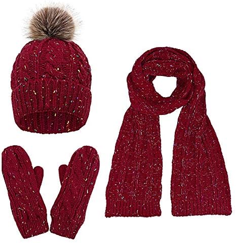 Зимен комплект от 3 теми за възрастни жени - Хет-шапка с Помпоном, Шал и ръкавици