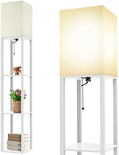 MOFFE Column Floor Lamp with Shelfs, Modern Срок Floor Lamp with 9W LED Bulb, 3 Tier Storage Display Standing Reading Lamp Narrow Corner Nightstand Light for Спалня Living Room,White