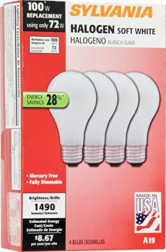 SYLVANIA Home Lighting 52258 Халогенна лампа, A19-72W-3000K, Мека Бяла повърхност, Средна база, Опаковка от 4 броя
